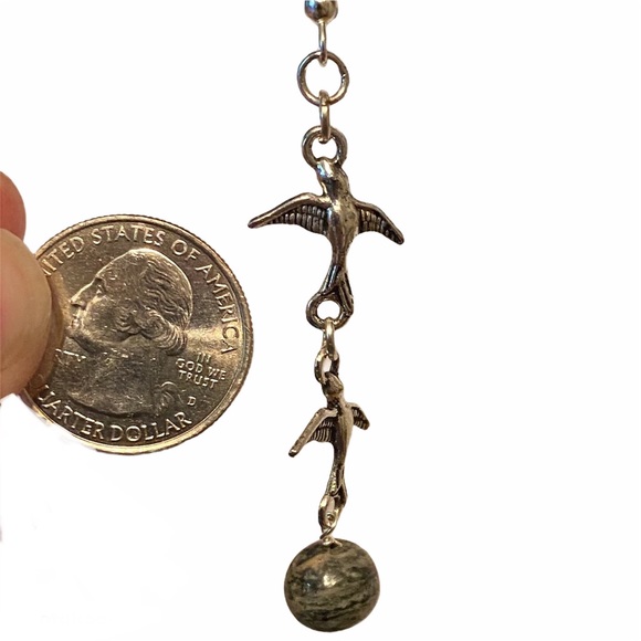 Hand Crafted Earrings Birds Spiderweb Jasper Long Dangle Doves Duster Pierced - Picture 5 of 6